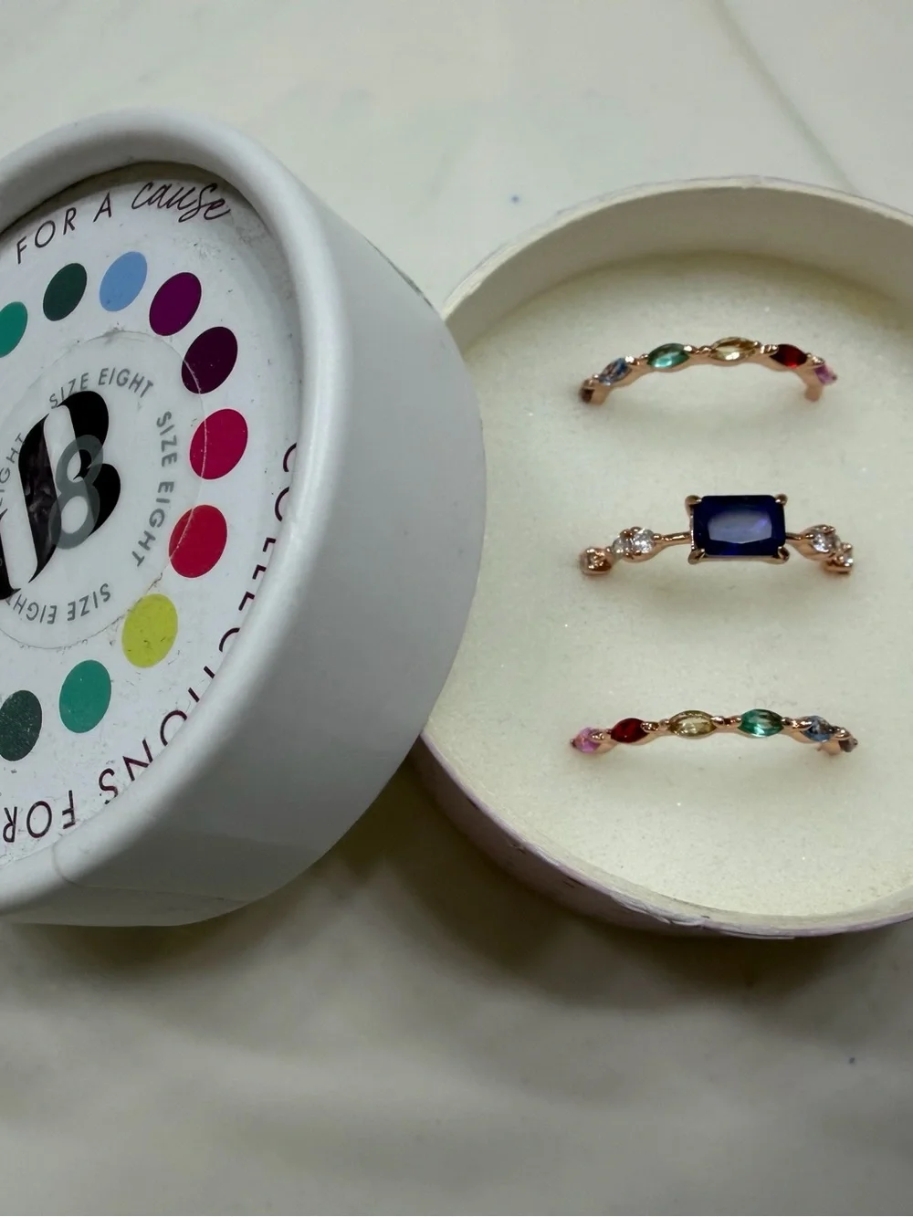 Rose Gold Multicolor Gemstone Ring Set with Deep Blue Center Stone